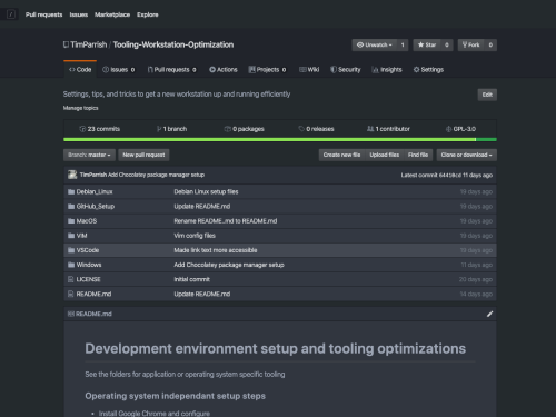 image of GitHub repository with development environment setup tips